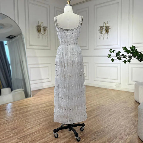 Luxury Crystal Dubai White Evening Dresses for Women Wedding Sqaure Neckline Midi Formal Prom Party Gown LA72473