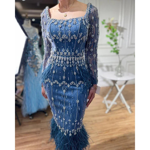 Robe de soirée mi-longue en dentelle bleue à plumes et cristaux de luxe, style arabe, LA71492A 
