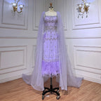 Luxury Crystal Feathers Blue Lace Midi Arabic Evening Dress Gown LA71492A