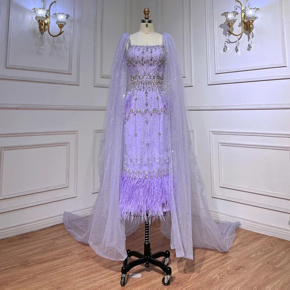 Luxury Crystal Feathers Blue Lace Midi Arabic Evening Dress Gown LA71492A