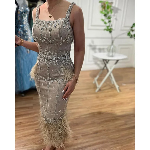 Robe de soirée mi-longue en dentelle bleue à plumes et cristaux de luxe, style arabe, LA71492A 