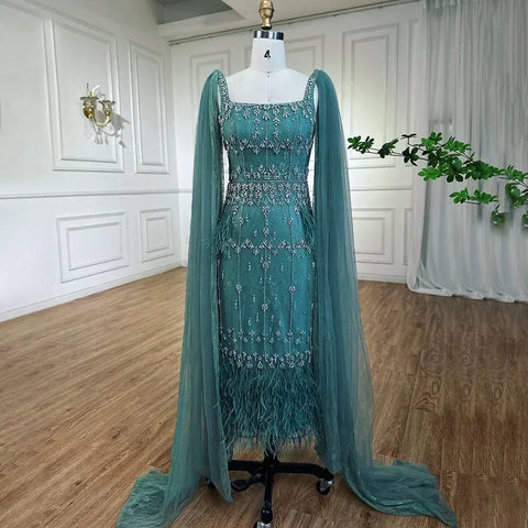 Robe de soirée mi-longue en dentelle bleue à plumes et cristaux de luxe, style arabe, LA71492A 