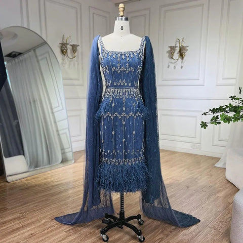 Robe de soirée mi-longue en dentelle bleue à plumes et cristaux de luxe, style arabe, LA71492A 