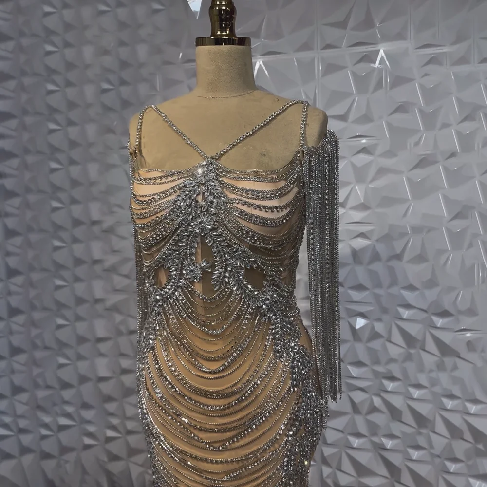 Luxury Crystal Tassel Dubai Caramel Evening Dresses for Women Wedding Spaghetti Strap Formal Prom Party Gown LA72468