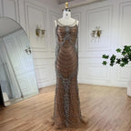 Luxury Crystal Tassel Dubai Caramel Evening Dresses for Women Wedding Spaghetti Strap Formal Prom Party Gown LA72468