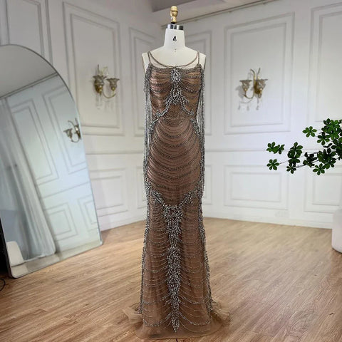 Luxury Crystal Tassel Dubai Caramel Evening Dresses for Women Wedding Spaghetti Strap Formal Prom Party Gown LA72468