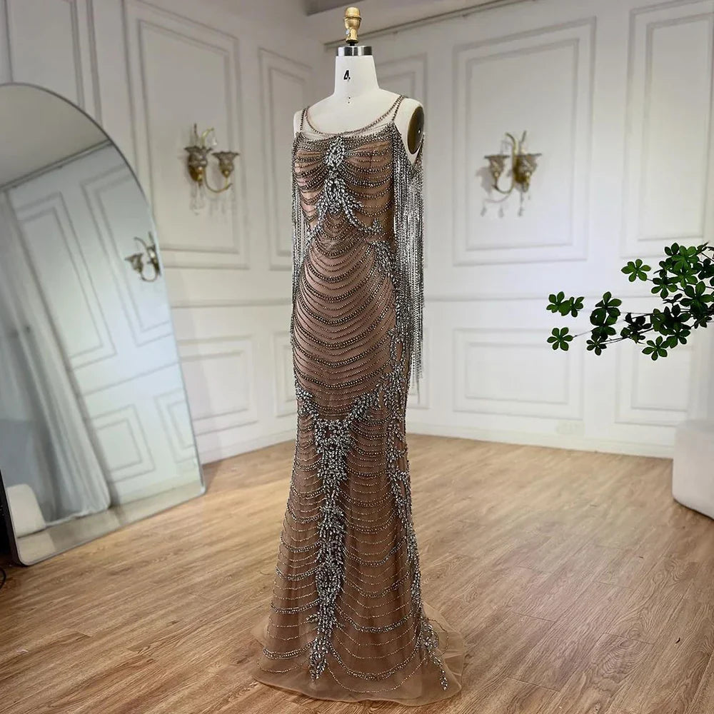 Luxury Crystal Tassel Dubai Caramel Evening Dresses for Women Wedding Spaghetti Strap Formal Prom Party Gown LA72468