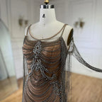 Luxury Crystal Tassel Dubai Caramel Evening Dresses for Women Wedding Spaghetti Strap Formal Prom Party Gown LA72468