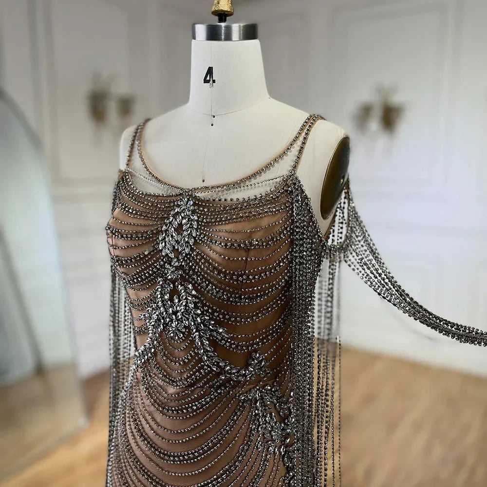 Luxury Crystal Tassel Dubai Caramel Evening Dresses for Women Wedding Spaghetti Strap Formal Prom Party Gown LA72468