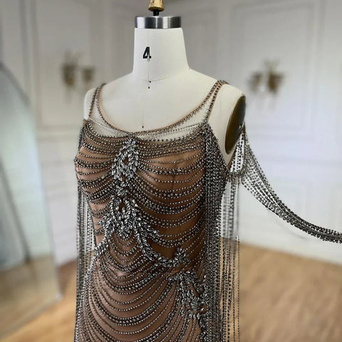 Luxury Crystal Tassel Dubai Caramel Evening Dresses for Women Wedding Spaghetti Strap Formal Prom Party Gown LA72468