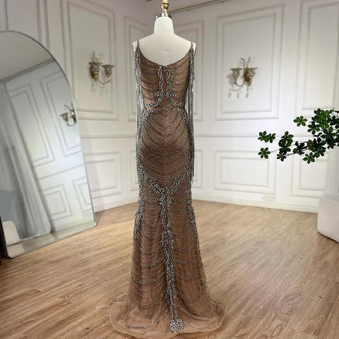 Luxury Crystal Tassel Dubai Caramel Evening Dresses for Women Wedding Spaghetti Strap Formal Prom Party Gown LA72468