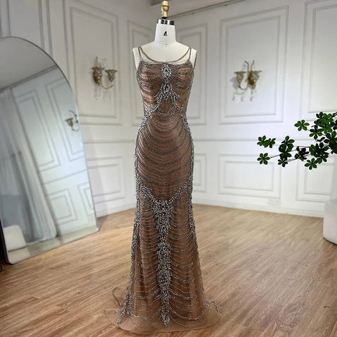 Luxury Crystal Tassel Dubai Caramel Evening Dresses for Women Wedding Spaghetti Strap Formal Prom Party Gown LA72468