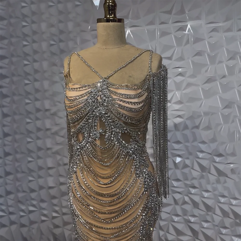 Luxury Crystal Tassel Dubai Caramel Evening Dresses for Women Wedding Spaghetti Strap Formal Prom Party Gown LA72468