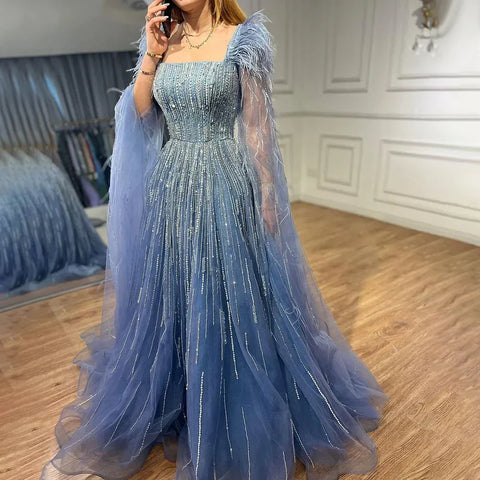Blue Luxury Feathers Arabic Evening Dresses with Cape LA72236