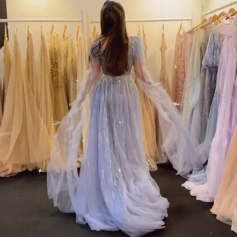 Blue Luxury Feathers Arabic Evening Dresses with Cape LA72236