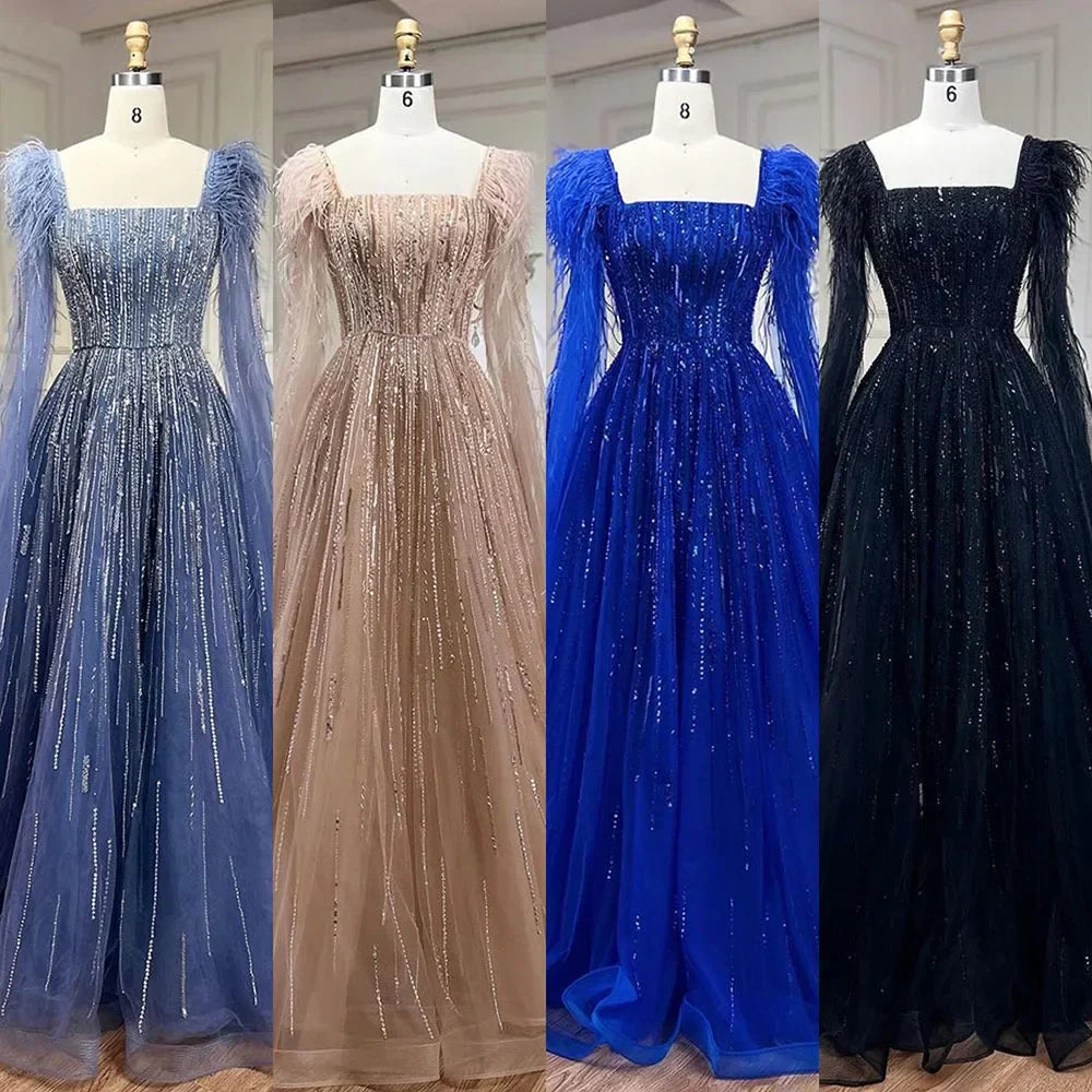 Blue Luxury Feathers Arabic Evening Dresses with Cape LA72236