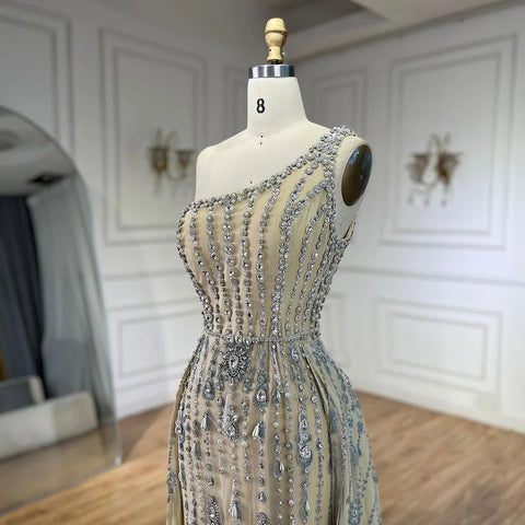 Luxury Dubai Arabia Nude Beaded One Shoulder Mermaid Elegant Evening Dresses Gowns For Woman Wedding Party LA71538