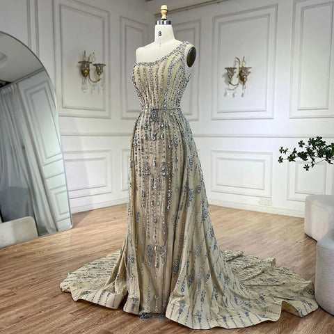 Luxury Dubai Arabia Nude Beaded One Shoulder Mermaid Elegant Evening Dresses Gowns For Woman Wedding Party LA71538