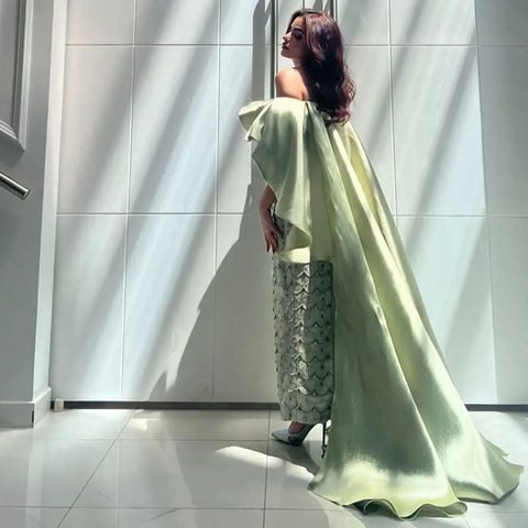 Luxury Dubai Arabia Sage Green Evening Dresses Gowns With Cape Beaded Women Wedding Party Dress 2025 LA72567