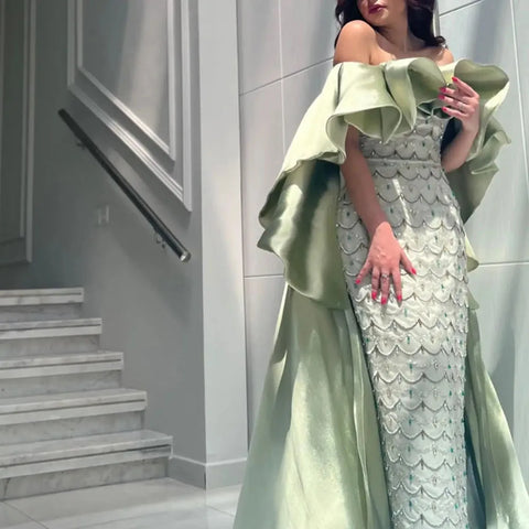 Luxury Dubai Arabia Sage Green Evening Dresses Gowns With Cape Beaded Women Wedding Party Dress 2025 LA72567