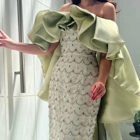 Luxury Dubai Arabia Sage Green Evening Dresses Gowns With Cape Beaded Women Wedding Party Dress 2025 LA72567