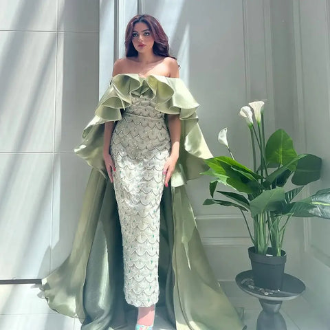 Luxury Dubai Arabia Sage Green Evening Dresses Gowns With Cape Beaded Women Wedding Party Dress 2025 LA72567
