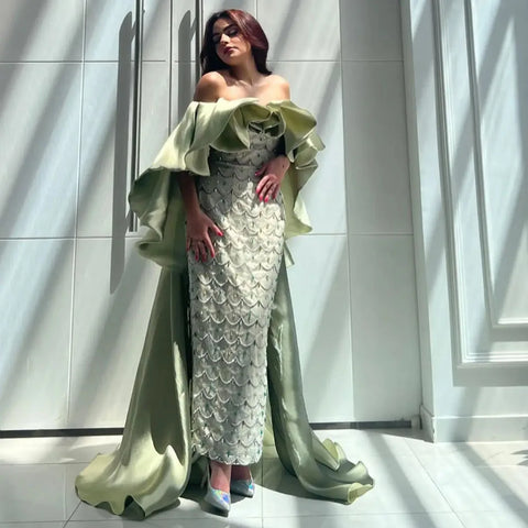 Luxury Dubai Arabia Sage Green Evening Dresses Gowns With Cape Beaded Women Wedding Party Dress 2025 LA72567
