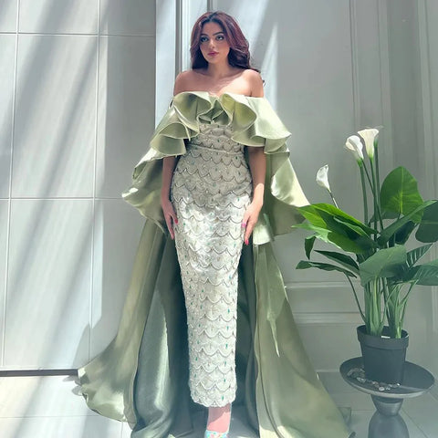 Luxury Dubai Arabia Sage Green Evening Dresses Gowns With Cape Beaded Women Wedding Party Dress 2025 LA72567