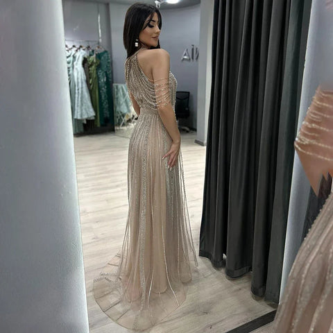 Luxury Dubai Arabic A-Line Gold Beaded Tassel Formal Evening Dresses for Women's Wedding Party Gowns 2025 LA70357