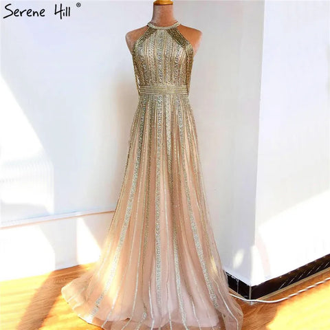 Luxury Dubai Arabic A-Line Gold Beaded Tassel Formal Evening Dresses for Women's Wedding Party Gowns 2025 LA70357