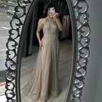 Luxury Dubai Arabic A-Line Gold Beaded Tassel Formal Evening Dresses for Women's Wedding Party Gowns 2025 LA70357
