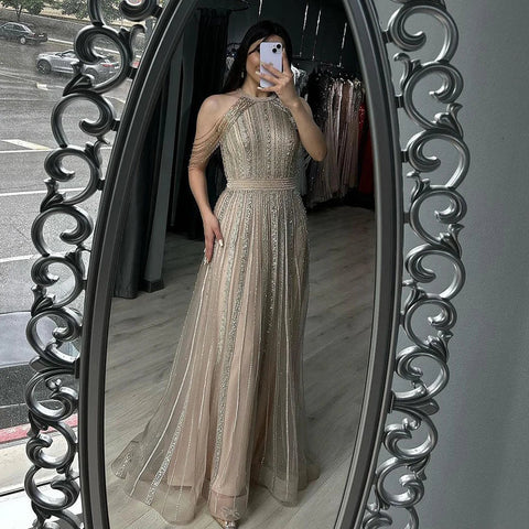 Luxury Dubai Arabic A-Line Gold Beaded Tassel Formal Evening Dresses for Women's Wedding Party Gowns 2025 LA70357