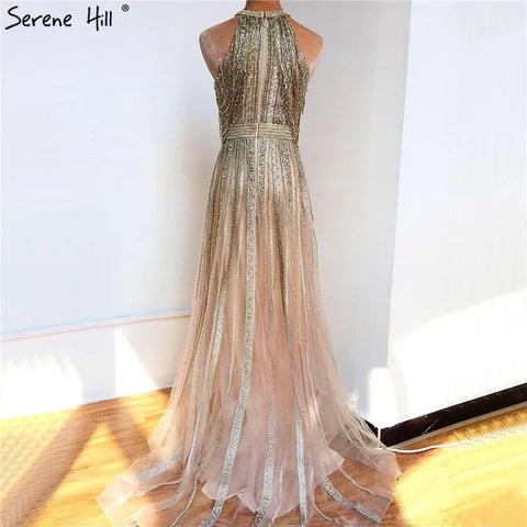 Luxury Dubai Arabic A-Line Gold Beaded Tassel Formal Evening Dresses for Women's Wedding Party Gowns 2025 LA70357