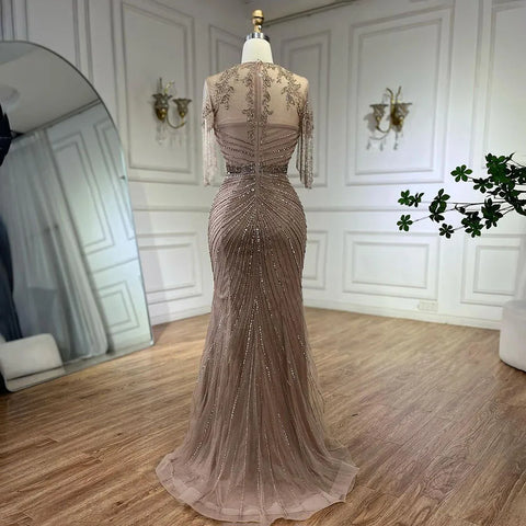Luxury Dubai Arabic Caramel Tassel  Mermaid Beaded Evening Dresses Gowns for Women's Wedding Party 2025 LA72463