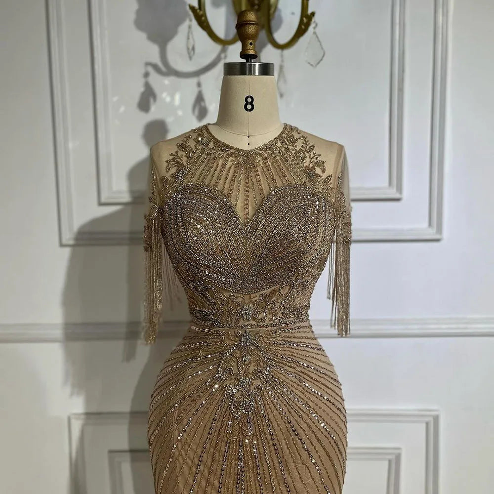 Luxury Dubai Arabic Caramel Tassel  Mermaid Beaded Evening Dresses Gowns for Women's Wedding Party 2025 LA72463