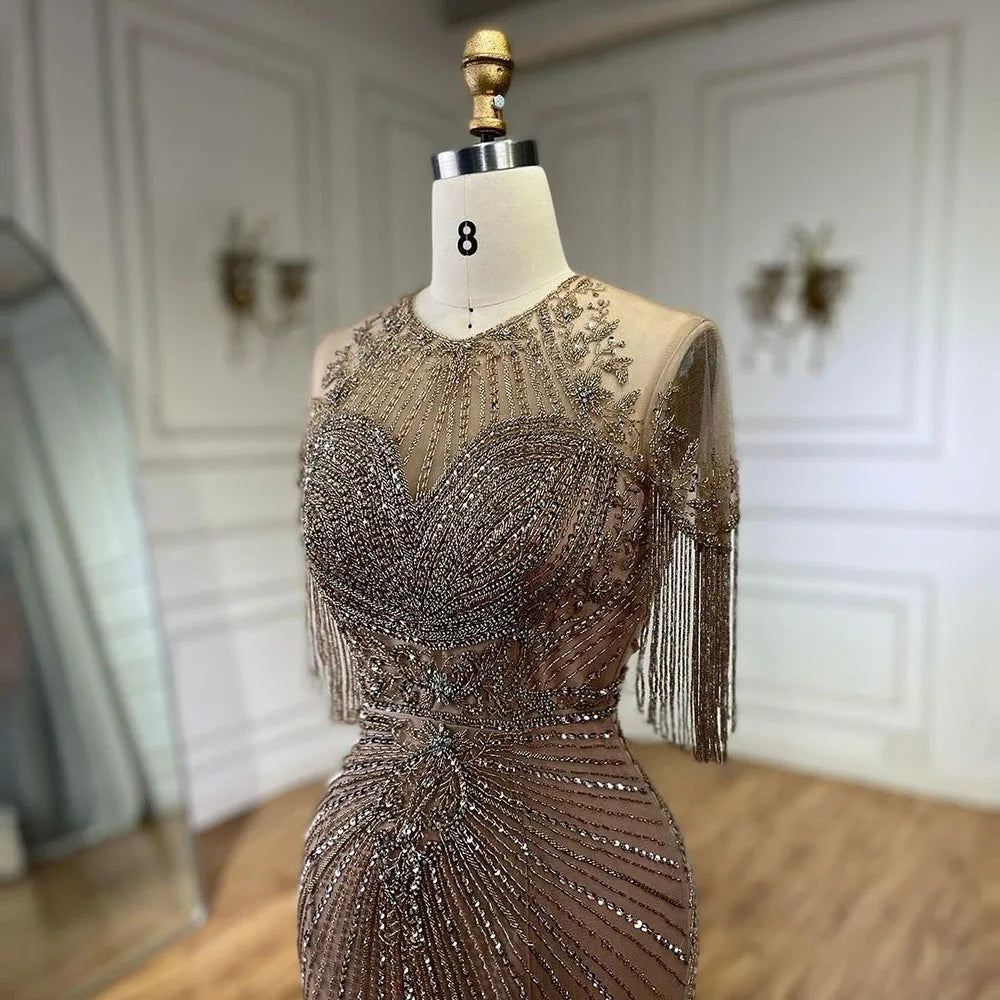 Luxury Dubai Arabic Caramel Tassel  Mermaid Beaded Evening Dresses Gowns for Women's Wedding Party 2025 LA72463