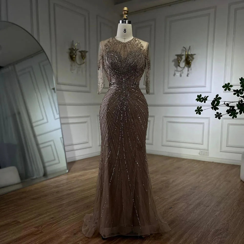 Luxury Dubai Arabic Caramel Tassel  Mermaid Beaded Evening Dresses Gowns for Women's Wedding Party 2025 LA72463