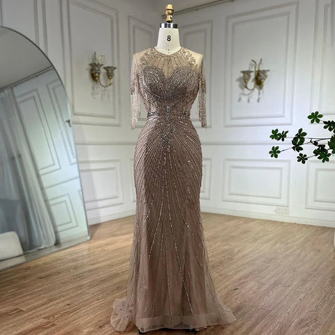 Luxury Dubai Arabic Caramel Tassel  Mermaid Beaded Evening Dresses Gowns for Women's Wedding Party 2025 LA72463