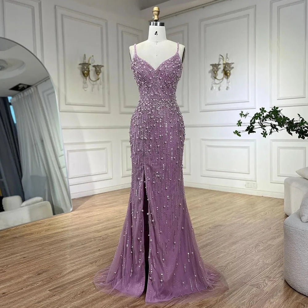 Arabic Pink High Split Spaghetti Strap Mermaid Evening Dresses Gowns Pearls Beaded for Women Wedding Party LA72464