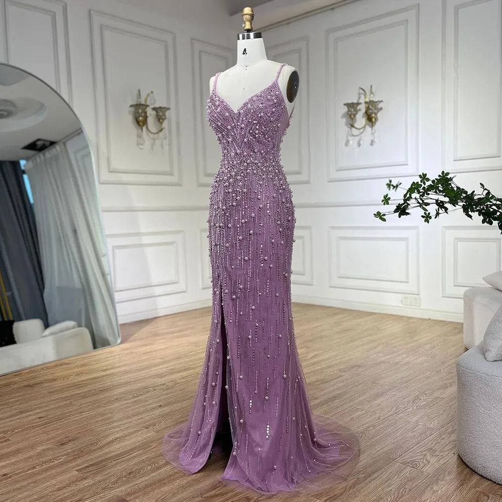 Arabic Pink High Split Spaghetti Strap Mermaid Evening Dresses Gowns Pearls Beaded for Women Wedding Party LA72464