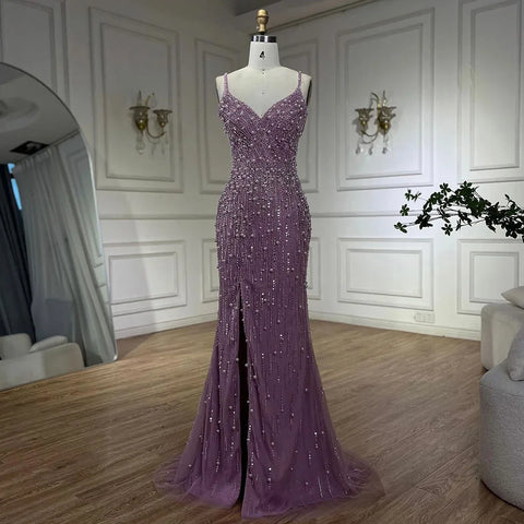 Robe de soirée sirène rose à bretelles spaghetti et fente haute, ornée de perles, pour femme, tenue de mariage, LA72464 