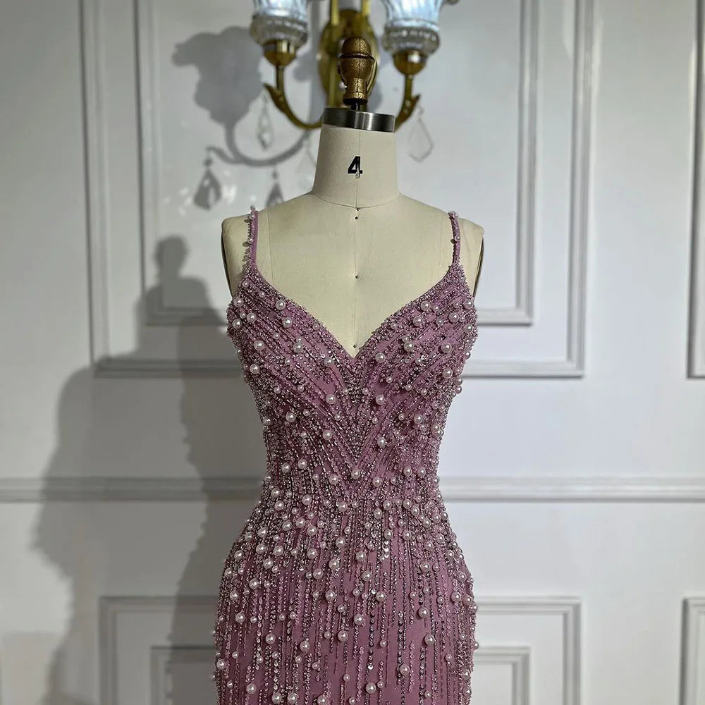 Arabic Pink High Split Spaghetti Strap Mermaid Evening Dresses Gowns Pearls Beaded for Women Wedding Party LA72464