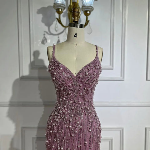 Robe de soirée sirène rose à bretelles spaghetti et fente haute, ornée de perles, pour femme, tenue de mariage, LA72464 
