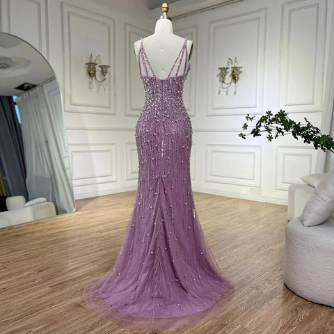 Robe de soirée sirène rose à bretelles spaghetti et fente haute, ornée de perles, pour femme, tenue de mariage, LA72464 