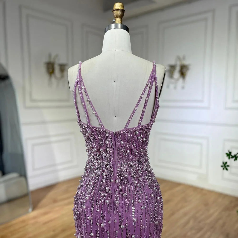 Arabic Pink High Split Spaghetti Strap Mermaid Evening Dresses Gowns Pearls Beaded for Women Wedding Party LA72464