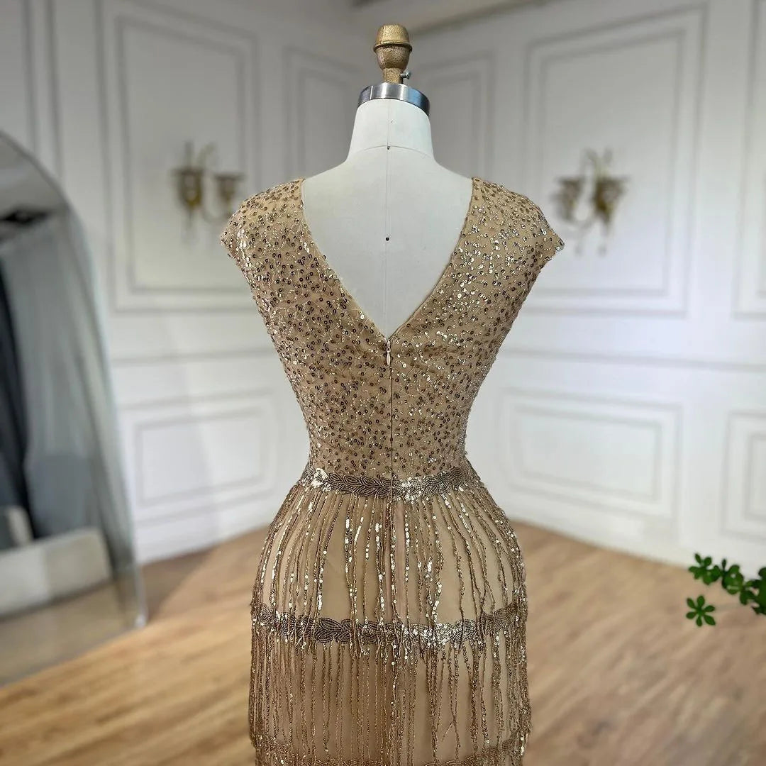 Luxury Dubai Arabic Mermaid Gold Elegant Tassel Beaded Evening Dresses Gowns for Women's Wedding Party 2025 LA72581