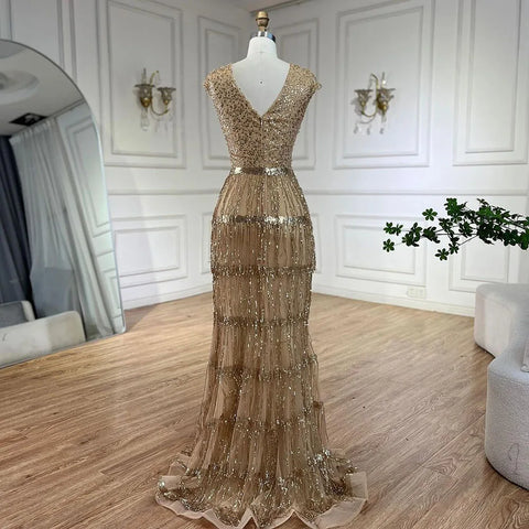 Luxury Dubai Arabic Mermaid Gold Elegant Tassel Beaded Evening Dresses Gowns for Women's Wedding Party 2025 LA72581
