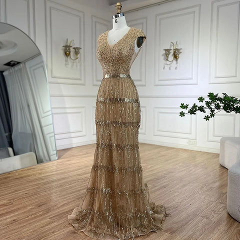 Luxury Dubai Arabic Mermaid Gold Elegant Tassel Beaded Evening Dresses Gowns for Women's Wedding Party 2025 LA72581