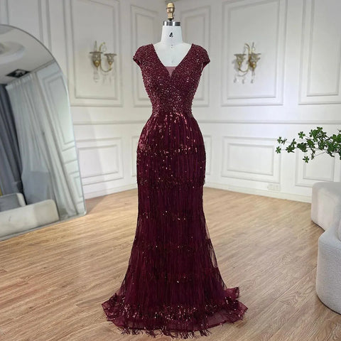 Luxury Dubai Arabic Mermaid Gold Elegant Tassel Beaded Evening Dresses Gowns for Women's Wedding Party 2025 LA72581