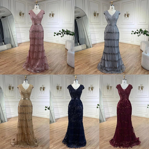 Luxury Dubai Arabic Mermaid Gold Elegant Tassel Beaded Evening Dresses Gowns for Women's Wedding Party 2025 LA72581